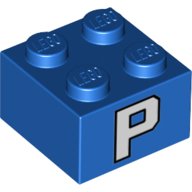 LEGO part Brick 2 x 2 with White Letter P Pattern on Two Sides (3003pb122)