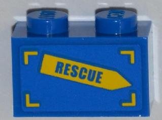 LEGO part Brick 1 x 2 with 'RESCUE' on Yellow Arrow Pattern Model Left Side (Sticker) - Set 4439 (3004pb113L)