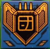 LEGO part Tile 2 x 2 with Dark Blue Lines and Gold and Black Engine with Ninjago Logogram Letter J in Square Pattern 3068pb2168