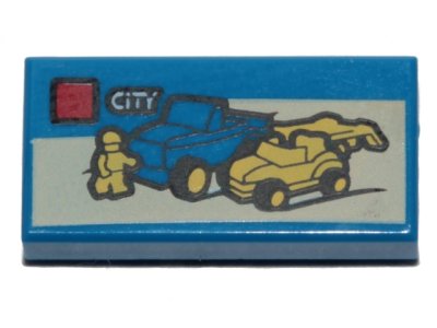 LEGO part Carreau 1 x 2 with Lego Dune Buggy Transporter and 'CITY' Set Box Pattern (3069pb0387)