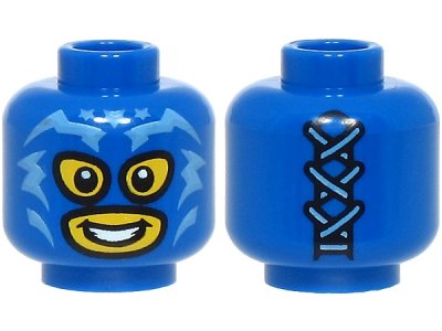 LEGO part Minifigure, Head Balaclava with Eye and Mouth Holes, Medium Blue Lightning Bolts and Stars, Yellow Face, Open Mouth Smile with Teeth, Laces on Back Pattern (BAM) (3626pb3805)