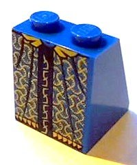 LEGO part Slope 65 2 x 2 x 2 with Bottom Tube with Minifigure Dress / Skirt / Robe, Gold and Dark Blue Pattern (3678bpb060)