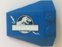 LEGO part Wedge 4 x 4 Triple with Stud Notches with Jurassic World Logo and Claw Scratch Marks on Blue Background Pattern Model Right Side (Sticker) - Set 75915 48933pb021R