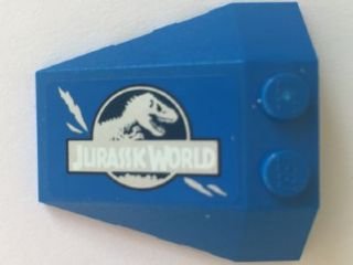 LEGO part Wedge 4 x 4 Triple with Stud Notches with Jurassic World Logo and Claw Scratch Marks on Blue Background Pattern Model Right Side (Sticker) - Set 75915 (48933pb021R)