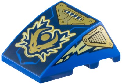 LEGO part Wedge 4 x 3 Triple Curved No Studs with Gold Dragon Head and Armor, Bright Light Yellow Electricity, Lightning Bolts on Dark Blue Background Pattern (64225pb081)
