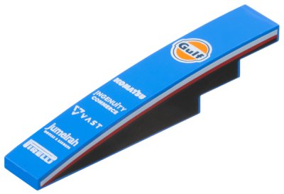 LEGO part Slope, Curved 6 x 1 with Dark Blue and Orange Gulf Logo, 'KOMATSU', 'INGENUITY COMMERCE', 'VAST', 'Jumeirah HOTELS & RESORTS' and 'PIRELLI' Logos, Black Panels with Red and White Stripes on Both Sides Pattern (6801pb08)