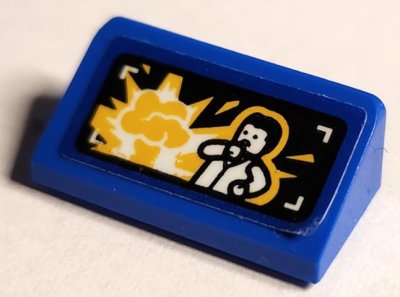 LEGO part Slope 30 1 x 2 x 2/3 with Screen with White and Yellow Explosion and Minifigure on Black Background Pattern (Sticker) - Set 75941 (85984pb502)