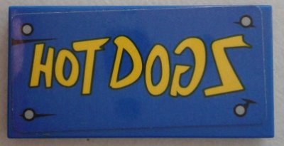 LEGO part Tile 2 x 4 with Yellow 'HOT DOGS' on Blue Wood Grain Background and 4 Nails Pattern (Sticker) - Set 75824 (87079pb0427)