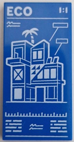 LEGO part Tile 2 x 4 with White 'ECO 1:1' and City Apartment Building (Set 60365) Pattern (87079pb1284)