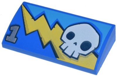 LEGO part Slope, Curved 2 x 4 x 2/3 with Bottom Tubes with Yellow Lightning Bolt, White Skull, and Silver Number 1 Pattern (88930pb038)
