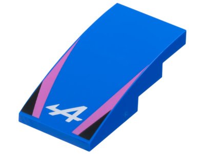 LEGO part Slope, Curved 4 x 2 with Alpine Formula 1 Logo Stylized White Capital Letter A, Dark Pink Stripes, Black Triangles Pattern (93606pb204)