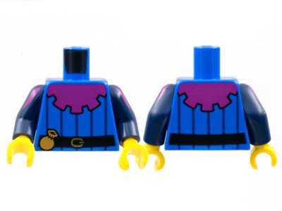 LEGO part Torso Magenta Mantle, 5 Dark Blue Pinstripes, Black Belt with Pouch Pattern / Dark Blue Arms with Magenta Shoulder Stripes Pattern / Yellow Hands (973pb4561c01)