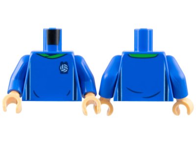 LEGO part Torso Soccer Uniform, Bright Green Collar, White and Dark Blue Side Stripes, Soccer Ball on Brick Logo Pattern / Blue Arms / Medium Tan Hands (973pb4962c04)