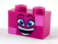 LEGO part Stein 1 x 2 mit Schwarz Hochgezogene Augenbrauen, Dunkel Azure Augen, Offenes Lächeln mit Zähnen, und Dunkel Rosa Quadrate Muster (Queen Watevra Wa'Nabi Gesicht) 3004pb186