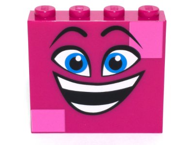 LEGO part Brick 1 x 4 x 3 with Black Raised Eyebrows, Dark Azure Eyes, Open Mouth Smile with Teeth, and Dark Pink Squares Pattern (Queen Watevra Wa'Nabi Face) (49311pb001)