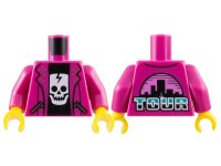 LEGO part Torso Jacket Open with Pockets with Silver Zippers over Black Shirt with White Cracked Skull, 'TOUR' and City Skyline on Back Pattern / Magenta Arms / Yellow Hands 973pb5000c01