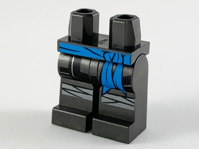 LEGO part Hips and Legs with Dark Azure Sash, Black Tunic Hem and Silver Knee Wrappings Pattern (970c00pb0985)