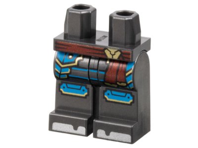 LEGO part Hips and Legs with Dark Red Sash, Dark Azure Armor Plates and Knee Pads, Silver Toes, Gold Trim Pattern (970c00pb1577)
