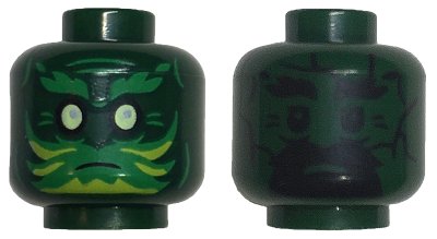 LEGO part Minifigure, Head Dual Sided Green Eyebrows and Face Paint with Lime Highlights, Yellowish Green Eyes / Black Eyebrows, Goatee, and Eyes Pattern - Vented Stud (3626pb3389)