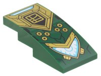 LEGO part Slope, Curved 4 x 2 with Black and Gold Armor, Circles, Ninjago Logogram Letter L in Square, and Medium Azure and White Headlight Pattern 93606pb176