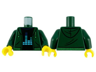 LEGO part Torso Hoodie with Bright Green Drawstrings and Waistband over Black Shirt with Equalizer Bars Pattern / Dark Green Arms / Yellow Hands (973pb3780c01)