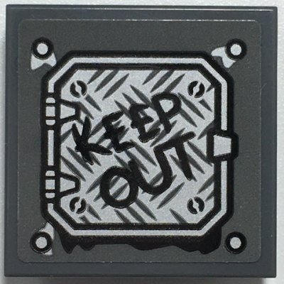 LEGO part Piastrella, Modificata 2 x 2 Invertita con Motivo Pannello Piastra di Battistrada Argento 'KEEP OUT' Nero (Adesivo) - Set 70435 (11203pb070)