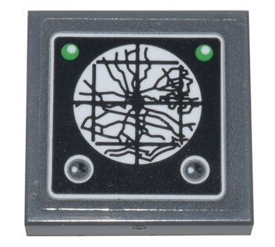 LEGO part Fliese, modifiziert 2 x 2 invertiert mit silbernen Nieten, dunkelblaugrauem Lukenfenster und Gitter und dunkelorangem Rost Muster (Aufkleber) - Set 10262 (11203pb090)