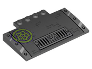 LEGO part Pente, Courbe 5 x 8 x 2/3 avec 4 Tenons avec Grille d'Égout et Rivets et Motif Cercle Citron et Pourpre Foncé (15625pb003)