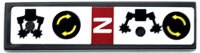 LEGO part Tile 1 x 4 with Black and White Circular Saw Blade Operation Instructions, Capital Letter N in Red Rectangle and Yellow Curved Arrows Pattern Model Right Side (Sticker) - Set 42080 2431pb0847R
