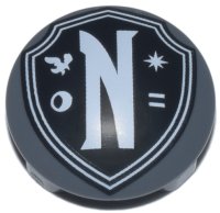 LEGO part Plate, Round 2 x 2 with Rounded Bottom (Boat Stud) with Black Nevermore Academy Shield Emblem with White Border, Letter N, Raven, Moon, Star, and Equal Sign Pattern 2654pb028