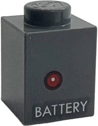 LEGO part Brick 1 x 1 with Red Light and White 'BATTERY' Pattern 3005pb072