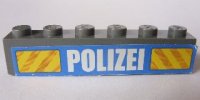 LEGO part Brick 1 x 6 with White 'POLIZEI' Bold Narrow Font and Yellow Diagonal Stripes on Blue Pattern (Sticker) - Set 7743 3009pb178