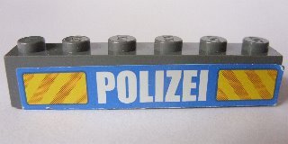 LEGO part Mattone 1 x 6 con Motivo 'POLIZEI' Bianco Carattere Grassetto Stretto e Strisce Diagonali Gialle su Sfondo Blu (Adesivo) - Set 7743 (3009pb178)