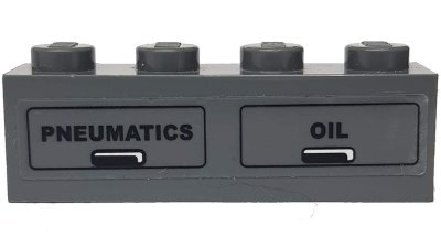 LEGO part Brique 1 x 4 avec motif 'PNEUMATICS' et 'OIL' Noir (Autocollant) - Set 7938 (3010pb052R)
