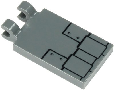 LEGO part Tile, Modified 2 x 3 with 2 Clips with Metal Plates with Black Border and 4 Rivets Pattern (30350bpb110)