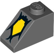 LEGO part Schräge 45 2 x 1 mit schwarzen gekrümmten Linien, die fünfeckige gelbe Form einschließen (Monster-Auge) Muster 3040pb016