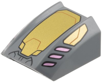 LEGO part Slope, Curved 2 x 2 Lip with Gold Armor Plates, Dark Orange Lines, Metallic Pink Trim Pattern (30602pb117)