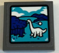 LEGO part Fliese 2 x 2 mit weißem Brachiosaurus, blauen Bäumen, dunkelgrünen Hügeln und Wolken auf Bildschirm Muster (Aufkleber) - Set 75941 3068pb2373
