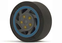 LEGO part Wheel 11mm D. x 6mm with 7 Slanted Spokes with Blue Rim Edge and Yellow Bolts Pattern with Black Tire 14mm D. x 6mm Solid Smooth (30838pb01 / 50945) 30838pb01c01