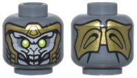 LEGO part Minifigure, Head Alien with Lime Eyes, Light Bluish Gray Face, Gold Armor, and Open Mouth with Teeth Pattern - Hollow Stud 3626pb2852