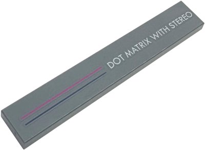 LEGO part Tile 1 x 6 with Magenta and Dark Blue Stripes and White 'DOT MATRIX WITH STEREO' Pattern (6636pb383)