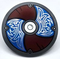 LEGO part Minifigure, Shield Circular Convex Face with Blue and Dark Red Alternating Panels with Silver Center Circle and Odin's Ravens Pattern 75902pb28