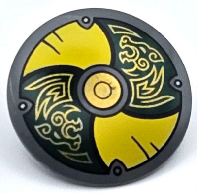 LEGO part Minifigure, Shield Circular Convex Face with Yellow and Dark Green Alternating Panels with Gold Center Circle and Odin's Wolves Pattern (75902pb29)