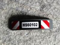 LEGO part Slope, Curved 4 x 1 x 2/3 Double with 'HS60102' and Red and White Danger Stripes Pattern (Sticker) - Set 60102 93273pb119