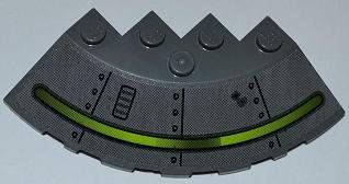 LEGO part Brick, Round Corner 6 x 6 with Slope 33 Edge, Facet Cutout with Alien Ship Dark Gray Pattern and 2 Bullet Holes (Sticker) - Set 7052 (95188pb08)
