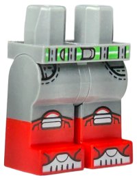 LEGO part Hips and Legs with Molded Red Lower Legs / Boots and Printed Bright Green Belt with Silver Buckle, Black Stitching and Pockets, White Knee Pads and Toes Pattern 970c00pb1528