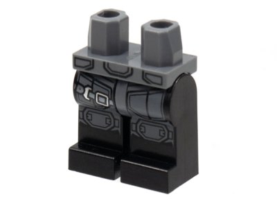 LEGO part Hips and Black Legs with Dark Bluish Gray Armor, Silver Strap and Buckle Pattern (970c11pb49)