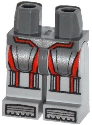 LEGO part Hips and Light Bluish Gray Legs with Silver Armor with Red Vertical Lines and Silver Boots Pattern (970c86pb14)