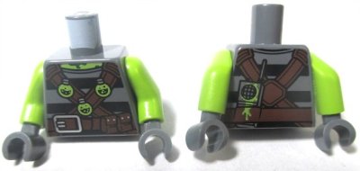 LEGO part Torso Shirt with Black Stripes, Brown Belts with Pockets and 3 Lime Toxic Bulbs Pattern / Lime Arms / Dark Bluish Gray Hands (973pb1989c01)