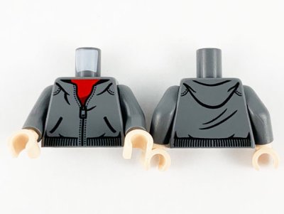 LEGO part Torso Dark Bluish Gray Hoodie, Red Shirt and Zipper Pattern / Dark Bluish Gray Arms / Light Nougat Hands (973pb4012c01)